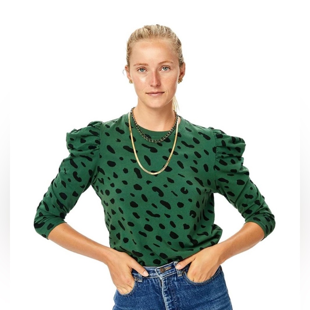 Clare V Le Puff long sleeve top green black animal print Sz M